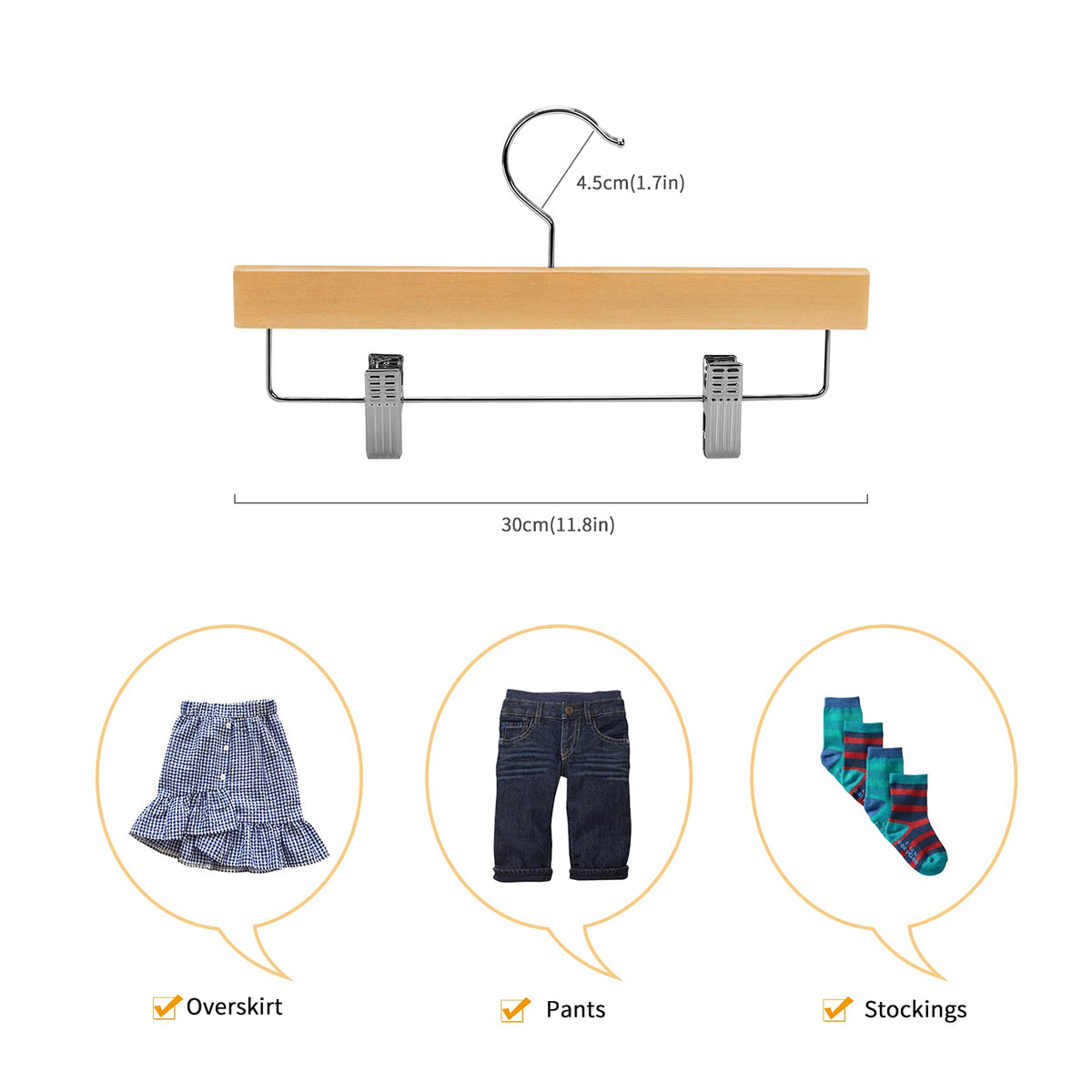Nature Smile solid wood hanger with two adjustable clips, secure for toddlers' outfits