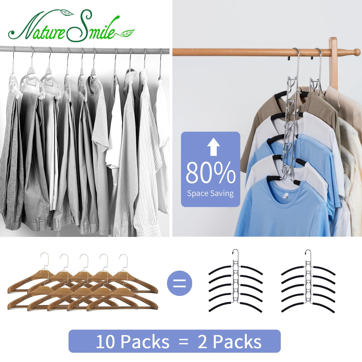 Nature Smile space saving clothes hangers for small closets.