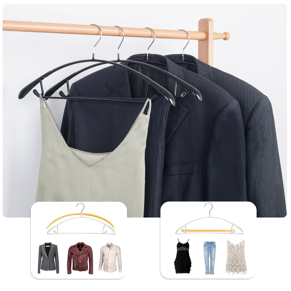 Nature Smile wide shoulders reduce indentations on sweaters and jackets, preserving garment shape.