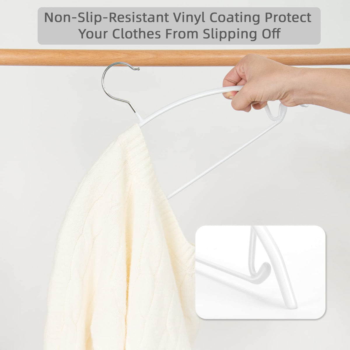 Nature Smile white sweater and coat hangers organize outfits with smooth glide
