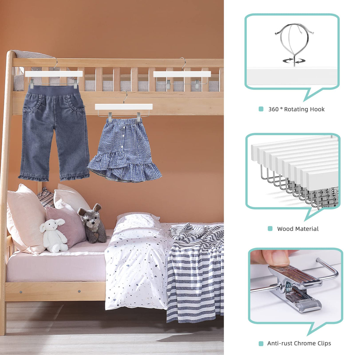 Nature Smile wood hanger clips close-up, cushioned clamps protect fabrics.