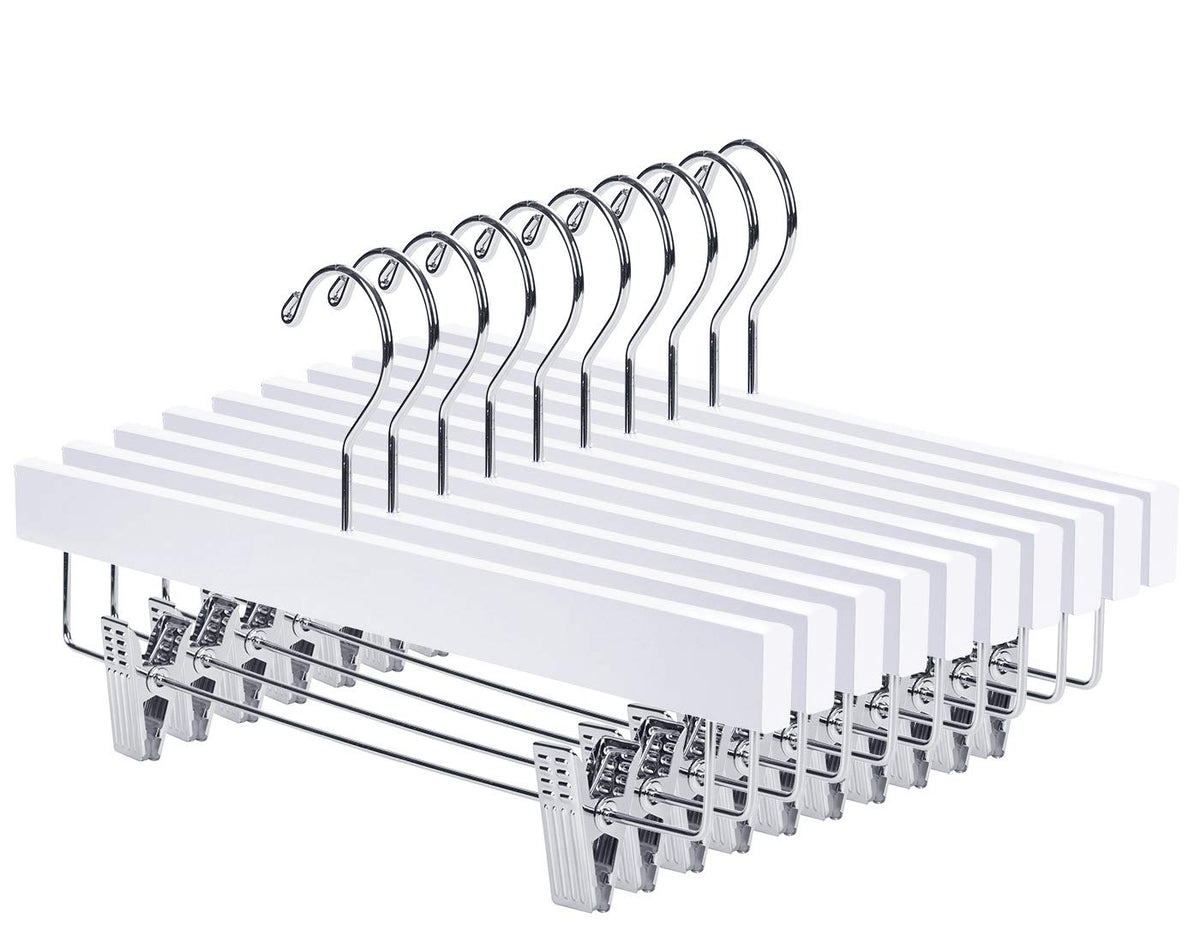 Nature Smile wooden pants hangers set of 10 with clips for secure clothing and easy organization.