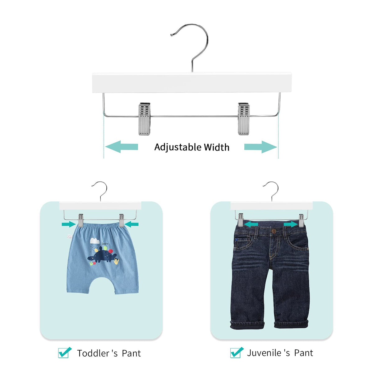 Nature Smile wooden skirt hanger with clips, kids' clothes stay neatly organized.