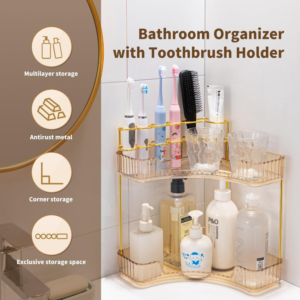 NATURE'S SOURCE 2-tier corner storage for tall bathroom bottles and cosmetics