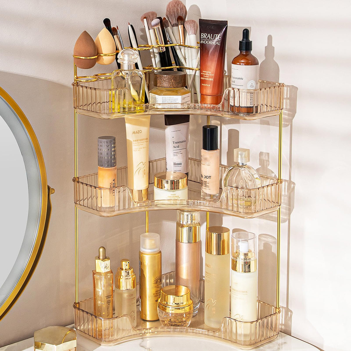 NATURE'S SOURCE makeup organizer corner in amber gold saves counter space