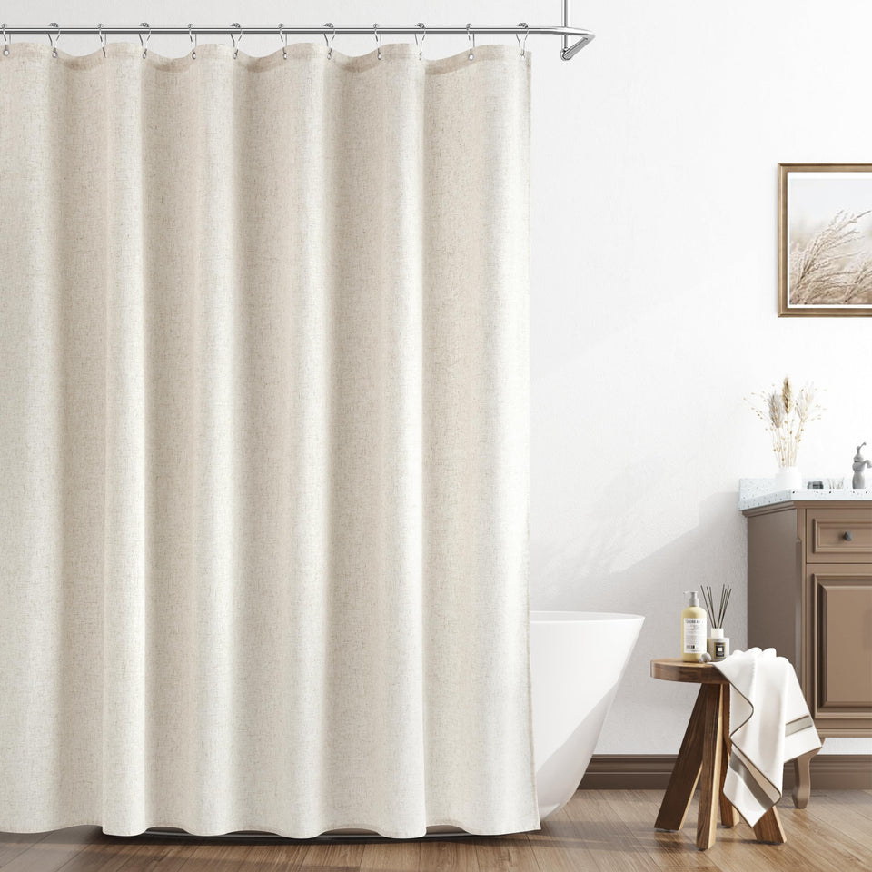 Naturoom extra long linen shower curtain drape showing full 84-inch length for a dramatic bathroom look