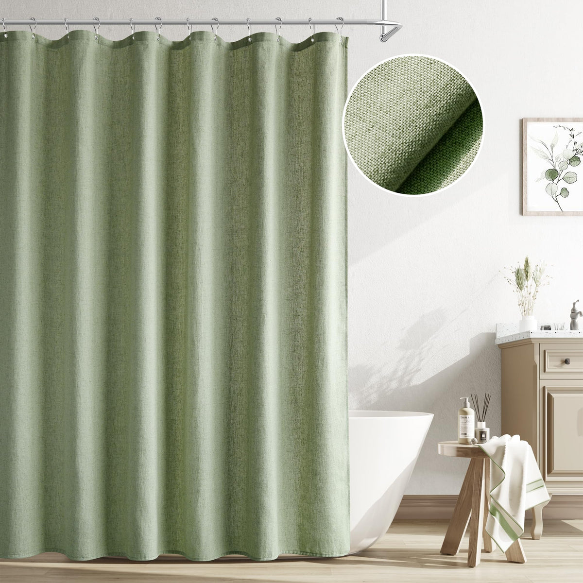 Naturoom Sage Green shower curtain close-up shows linen texture for a natural, calming bathroom look.