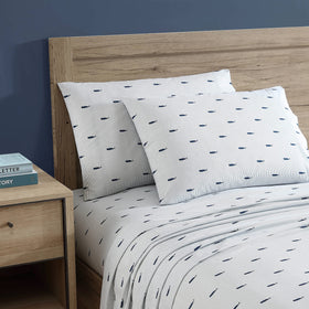 Nautica whale stripe blue fitted sheet with crisp percale for neat bed corners.