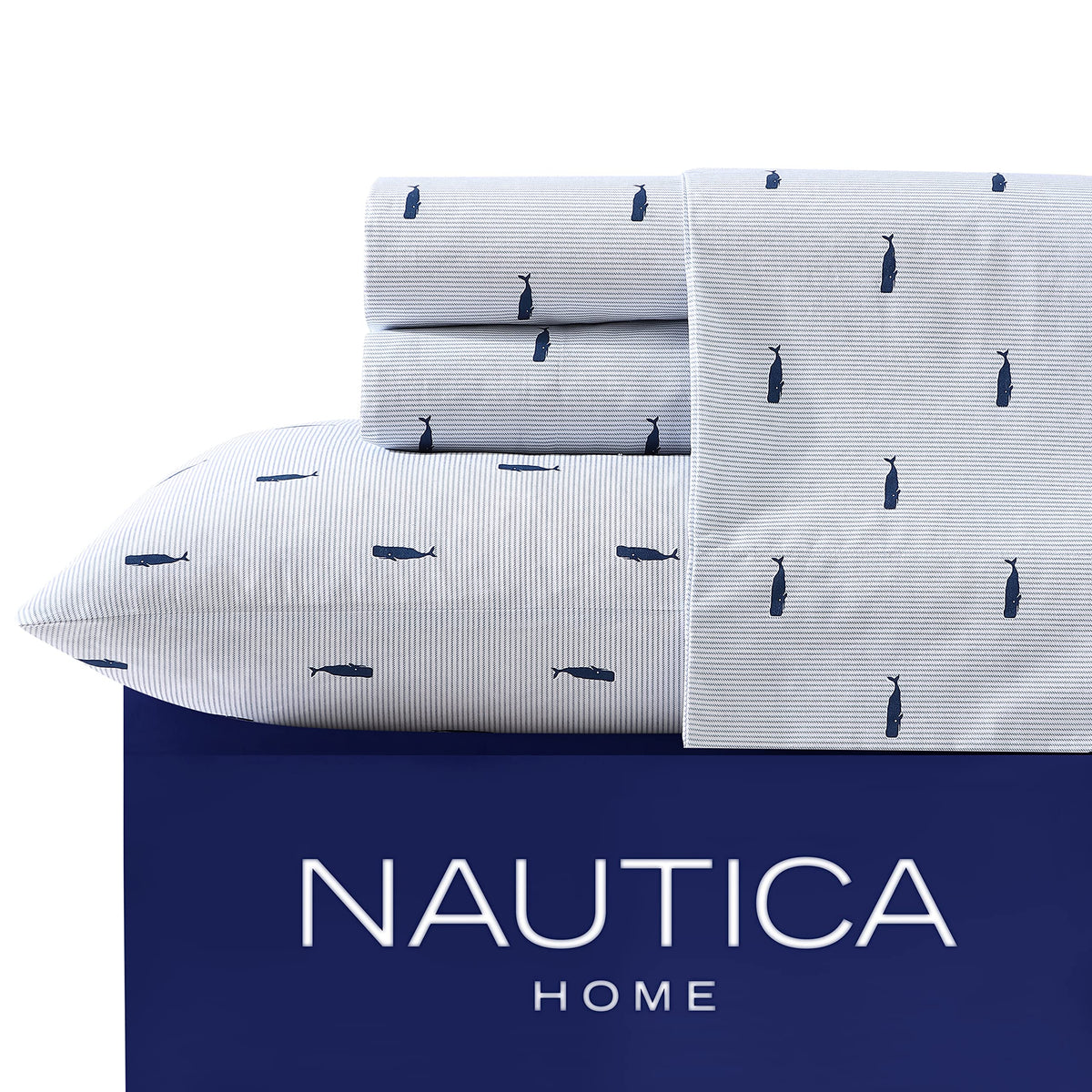 Nautica king size flat sheet in whale stripe blue, offering crisp, breathable cooling.