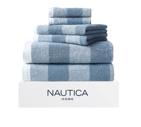 Nautica Oak Lake bath towels striped blue for soft, absorbent daily drying.