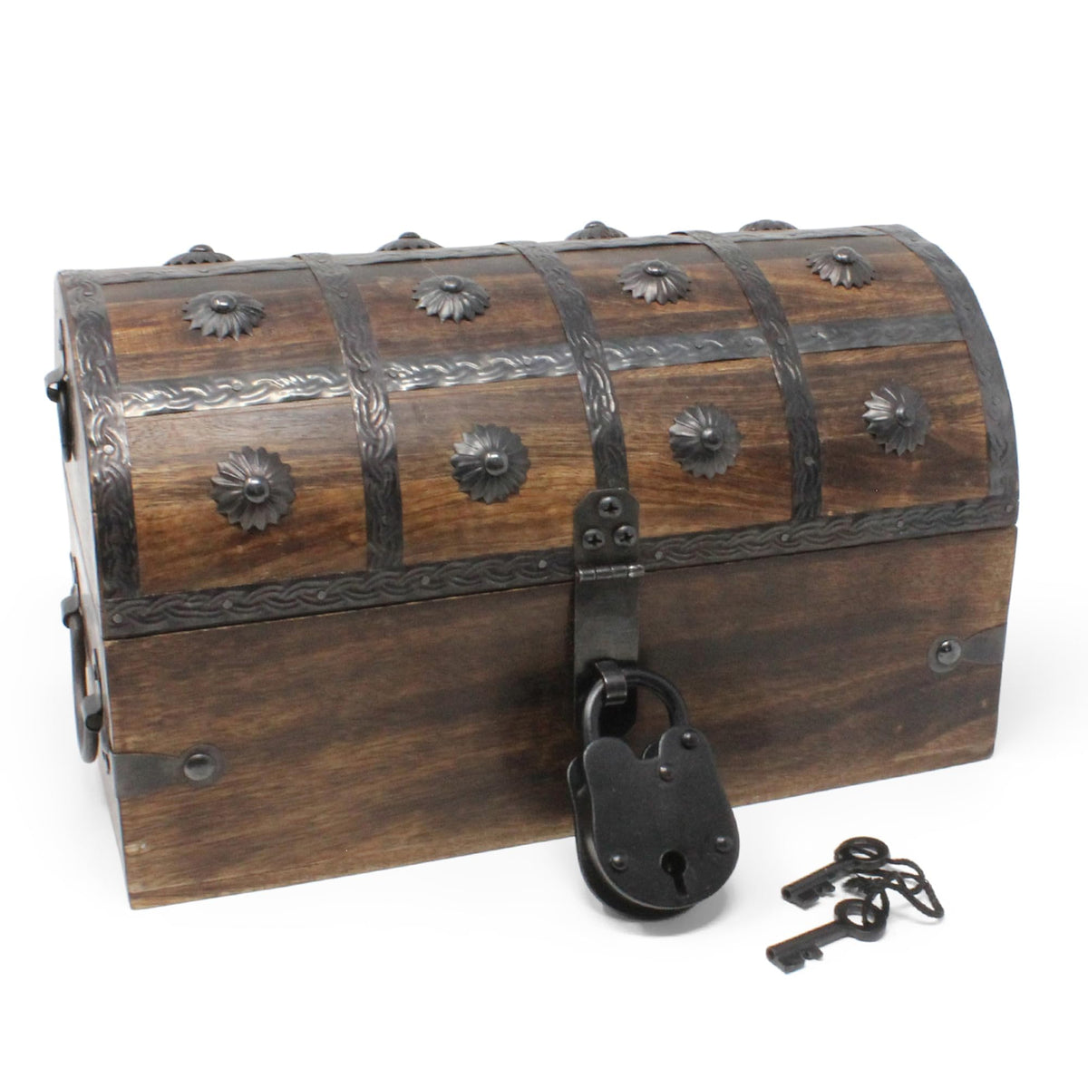Nautical Cove pirate treasure chest in teak and mango wood for treasure storage.