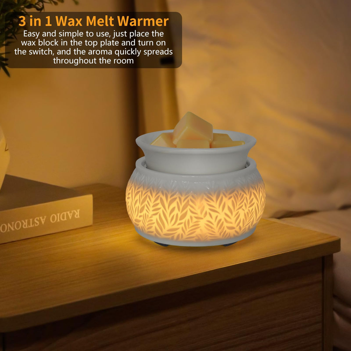 Nawaza leaf-design warmer glows softly as a decorative aroma diffuser