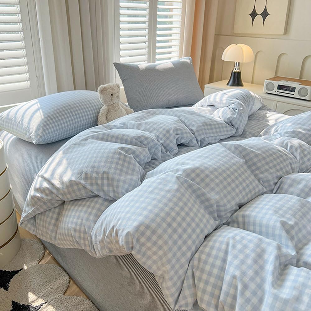 Nayoroom gingham duvet cover blue twin size with soft microfiber for all-season comfort.