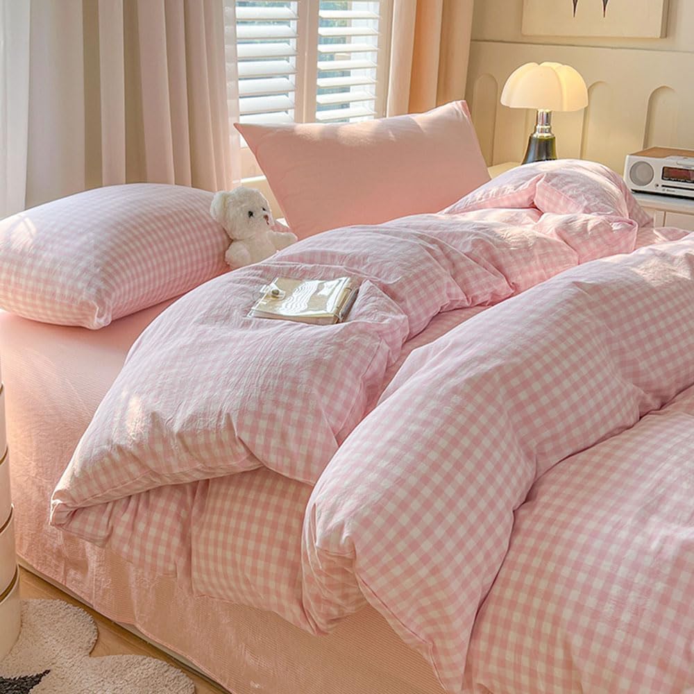 Nayoroom gingham duvet cover queen pink-white, soft and breathable for year-round comfort.