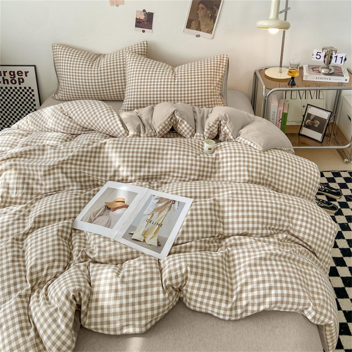 Nayoroom brown tan gingham close-up showing warm plaid texture