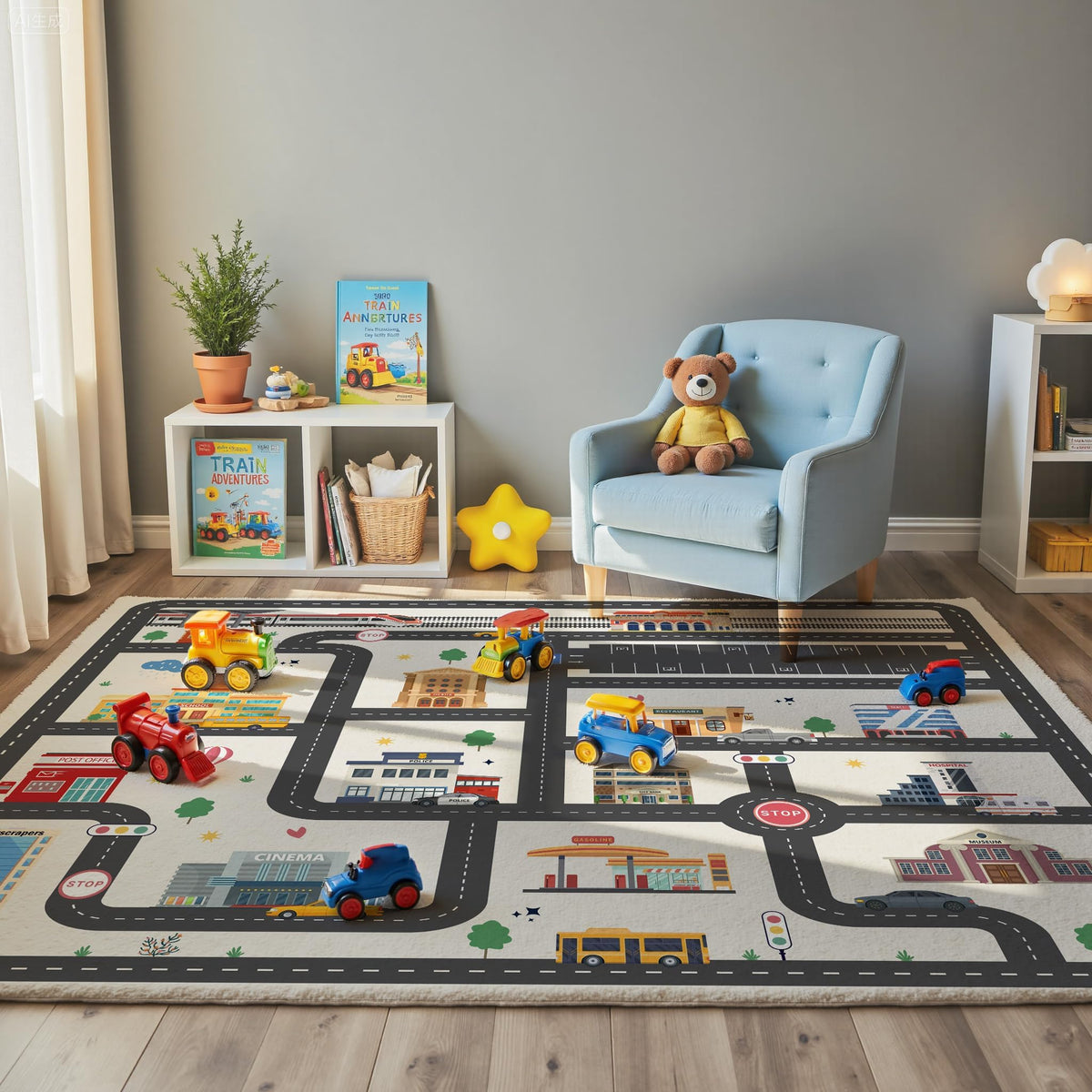 Nayoroom Kids City Road Play Rug interactive map detail highlighting educational city layout for imaginative play