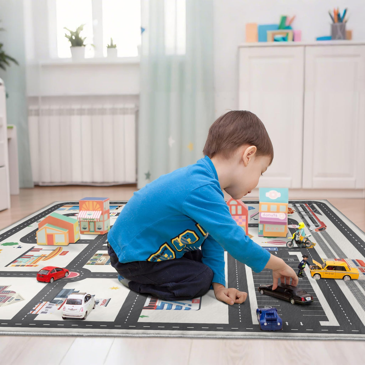Nayoroom Kids City Road Play Rug playroom setup in a bright space for versatile use