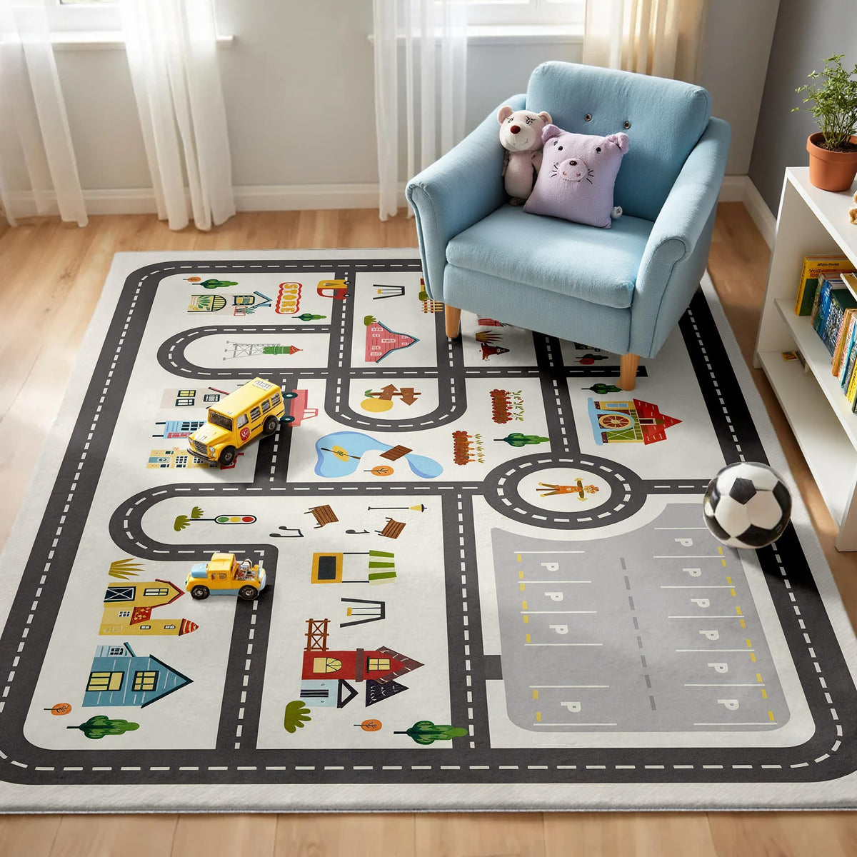Nayoroom Kids Town Road Play Rug - front view, ideal for imaginative city play