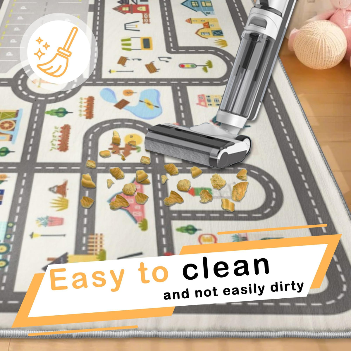 Nayoroom Kids Town Road Play Rug - machine-wash care visual showcasing easy, stain-resistant upkeep
