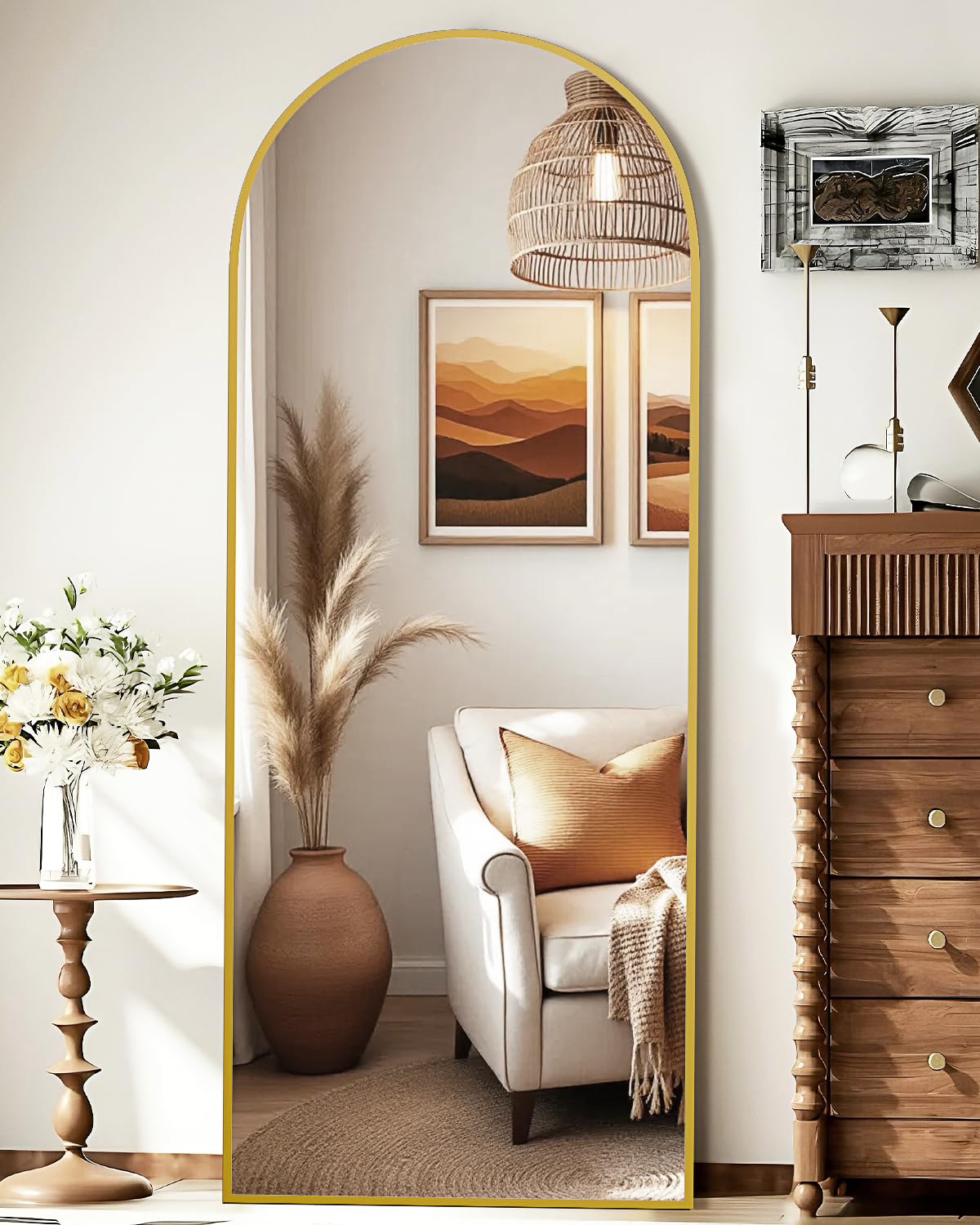 NBGV 59x16 arched-floor-mirror-gold reflects light to brighten any room