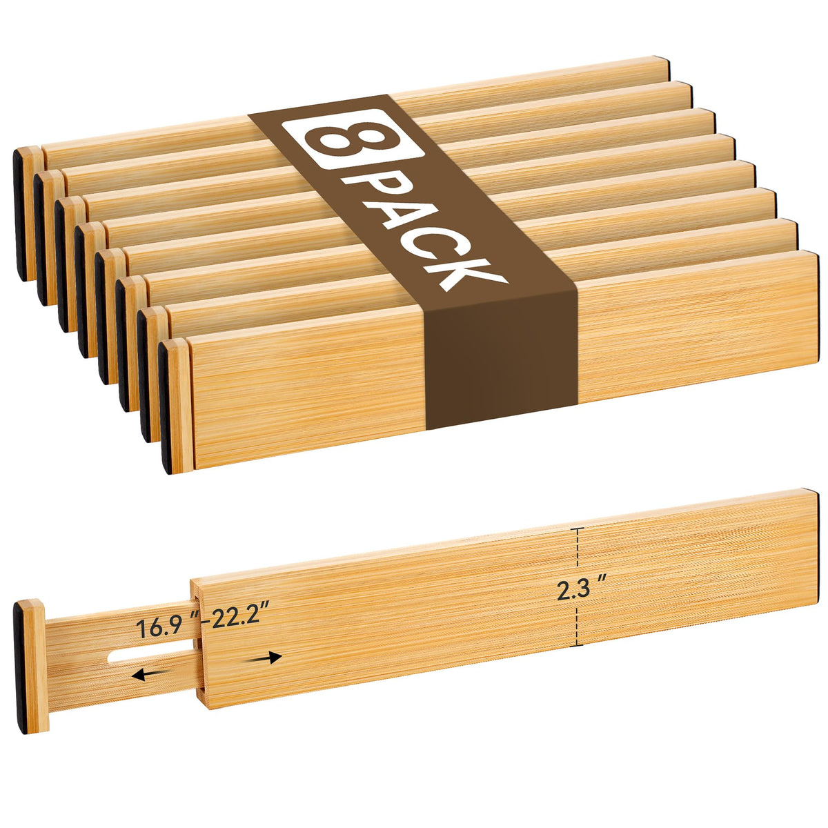NCUE bamboo drawer divider set in a wide kitchen drawer for organized space.