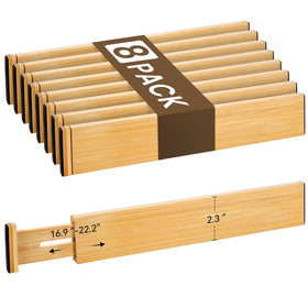 NCUE bamboo drawer divider set in a wide kitchen drawer for organized space.
