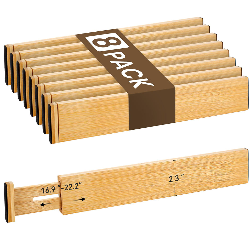 NCUE bamboo drawer divider set in a wide kitchen drawer for organized space.