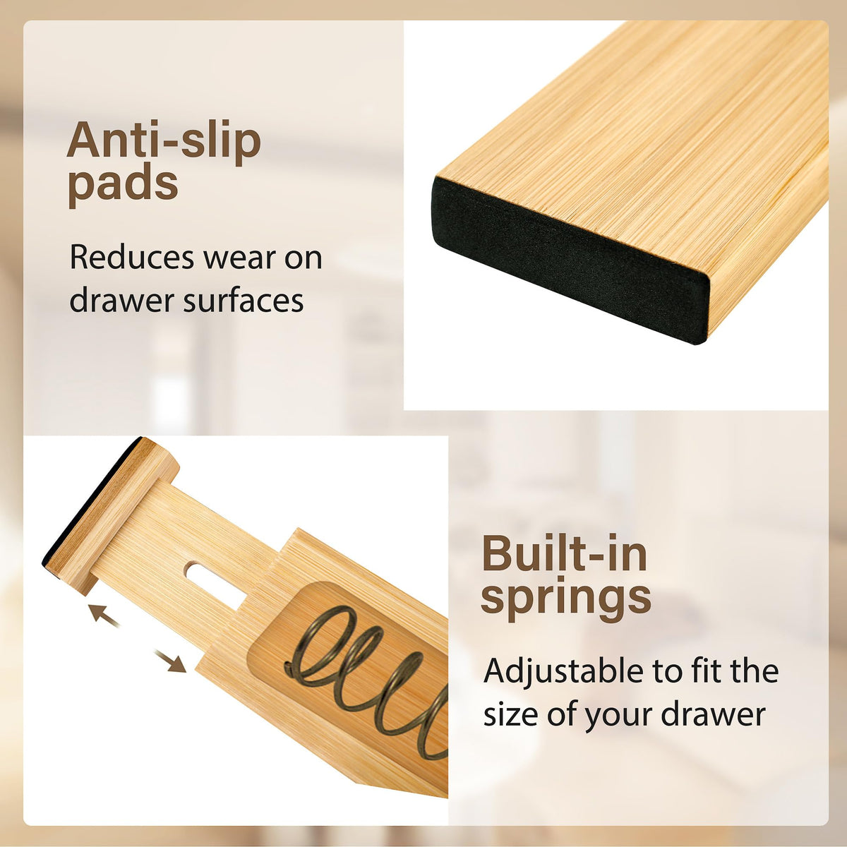 NCUE bamboo drawer organizer in a kitchen drawer for sorting utensils