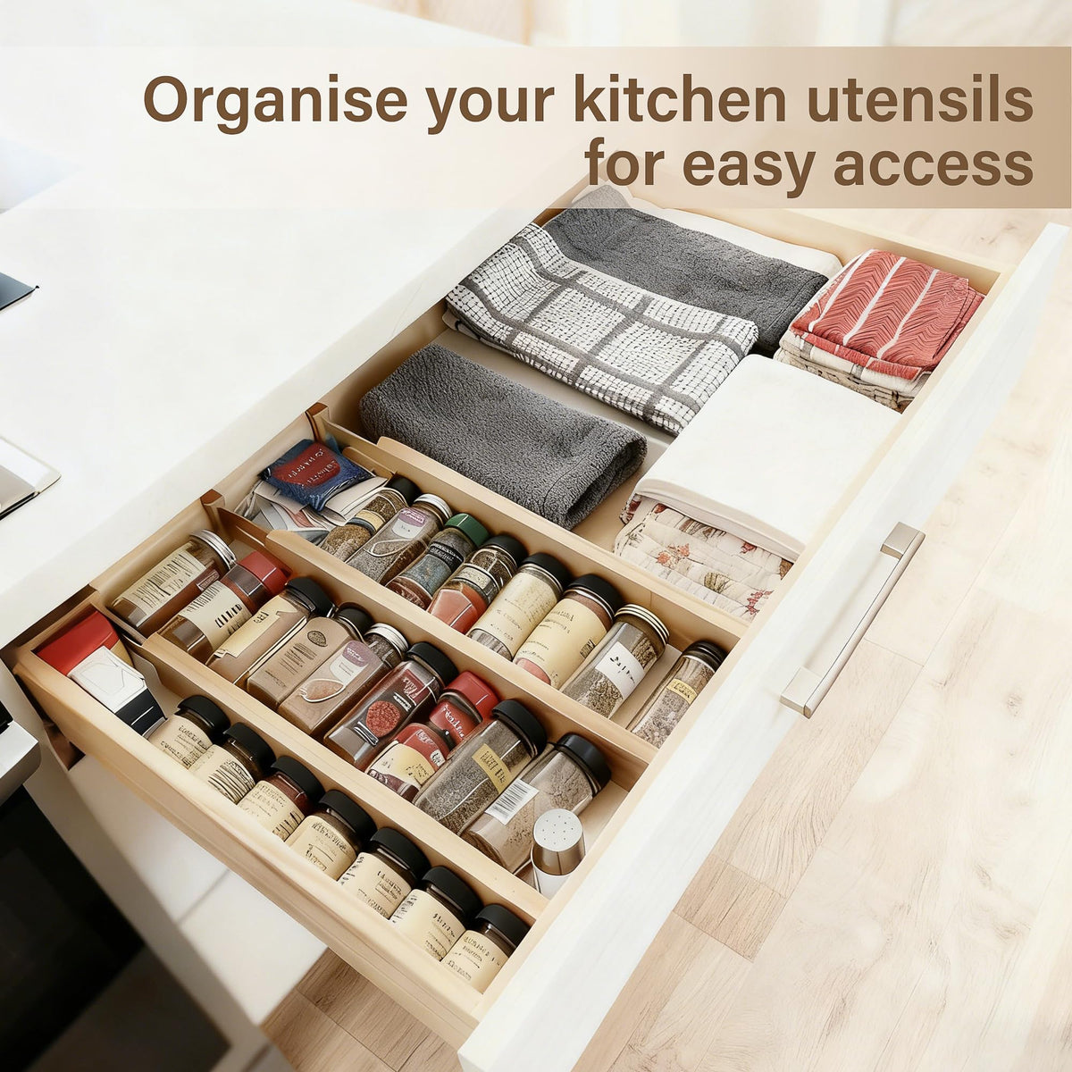 NCUE bamboo drawer organizer in an office drawer for stationery