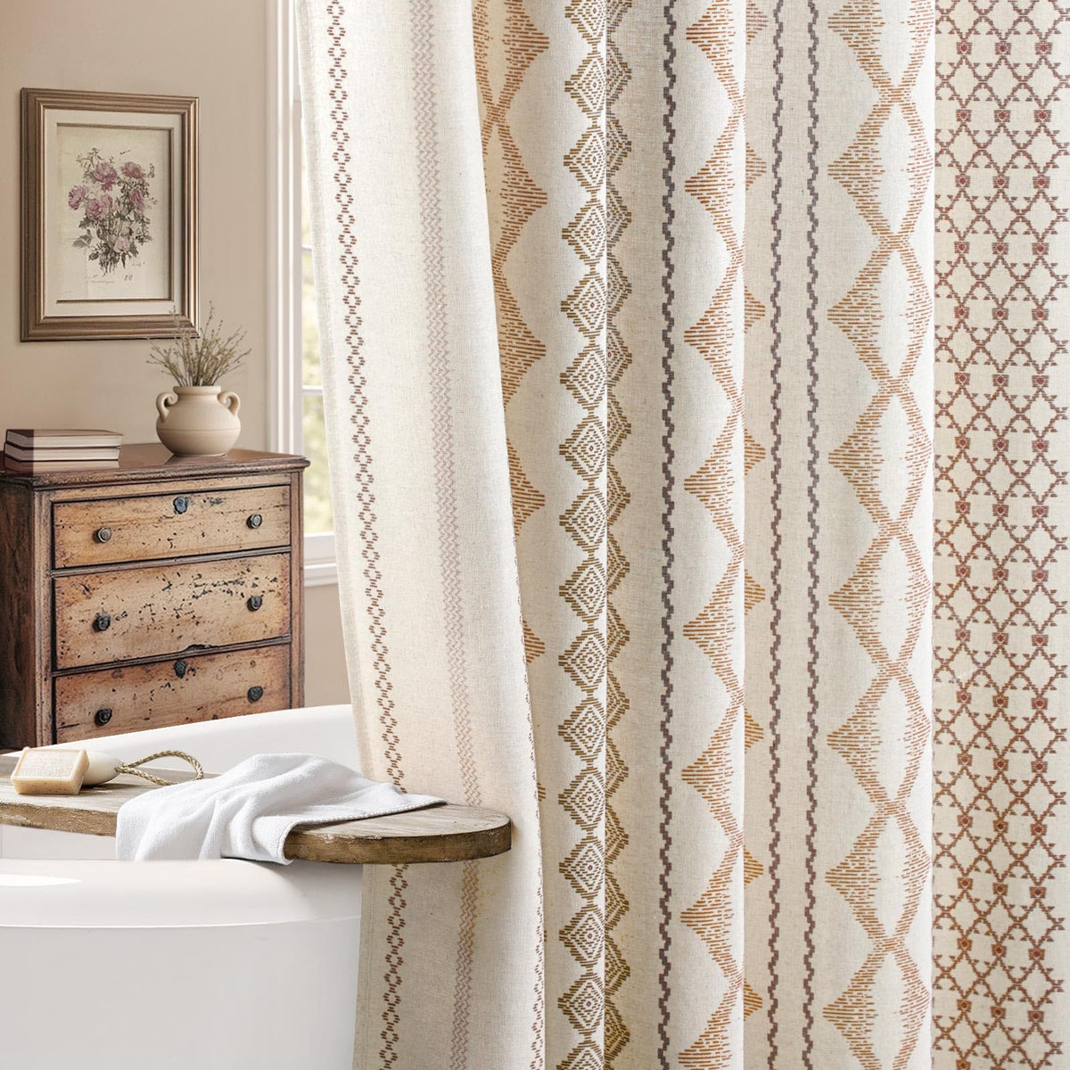NDDYCU boho linen shower curtain with striped beige adds cozy privacy in the bathroom.