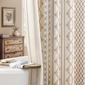 NDDYCU boho linen shower curtain with striped beige adds cozy privacy in the bathroom.