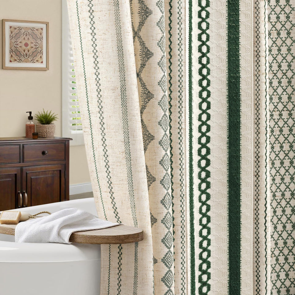 NDDYCU dark green boho shower curtain full view highlighting size and cozy vibe
