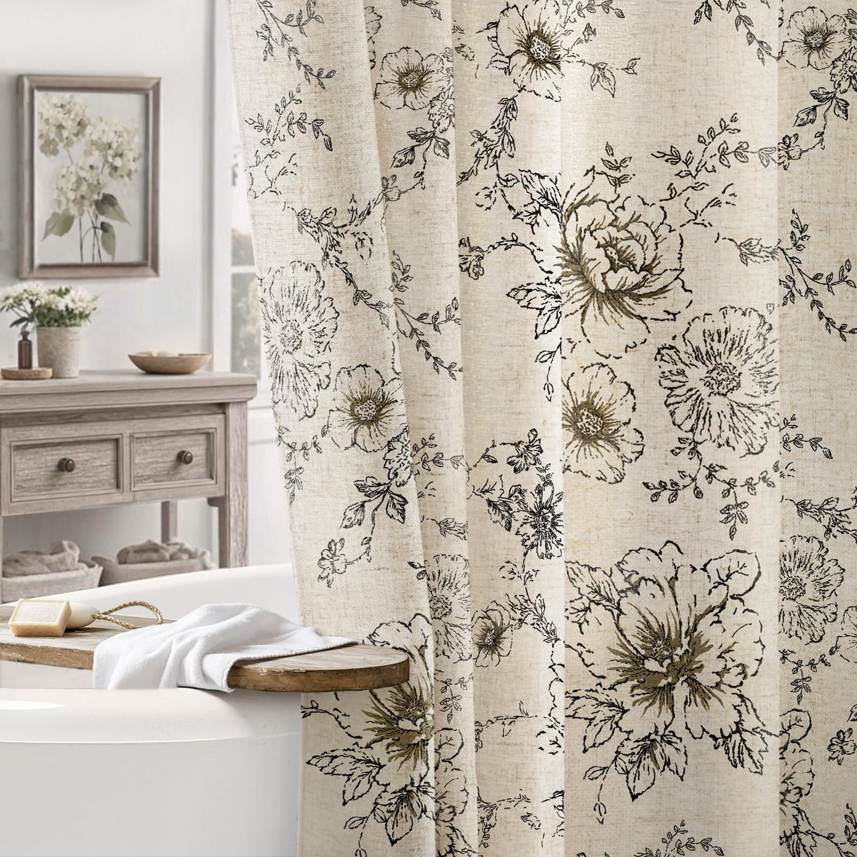 NDDYCU Farmhouse floral curtain, front view, bloom print enhances bathroom elegance.
