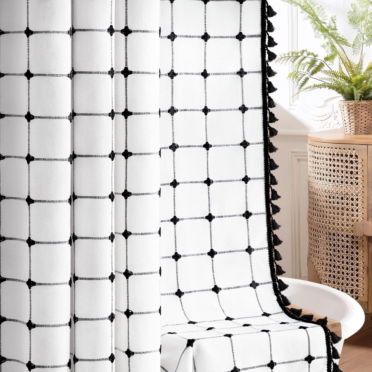 NDDYCU linen-blend shower curtain with embroidered plaid pattern for boho bathrooms.