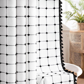 NDDYCU linen-blend shower curtain with embroidered plaid pattern for boho bathrooms.