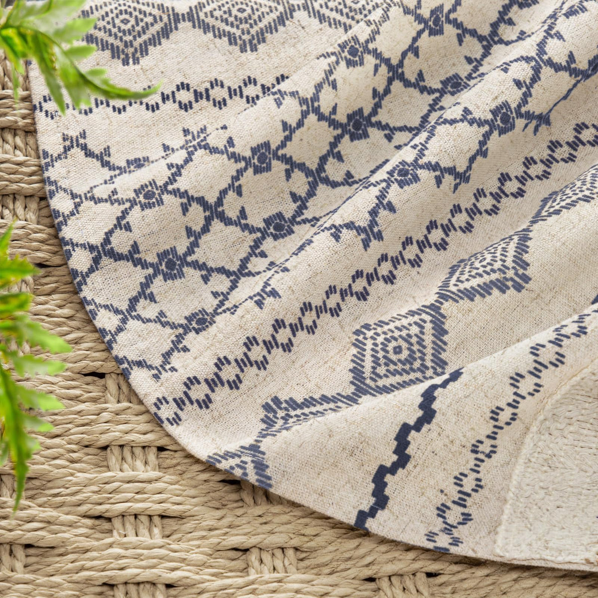 NDDYCU Nave Blue Boho Curtain care label shows washing and drying guidance.