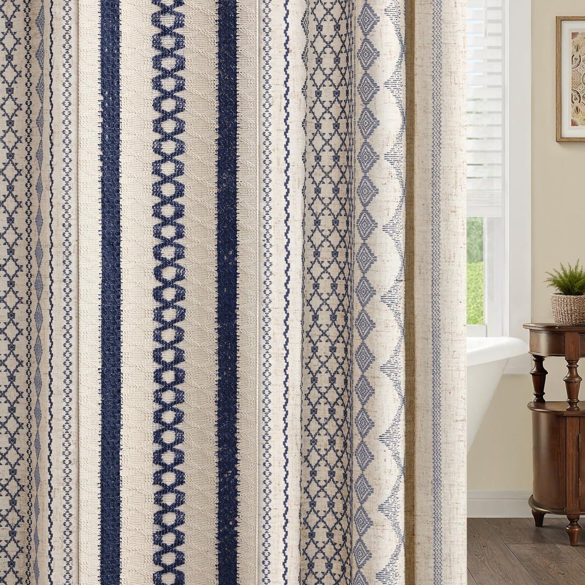 NDDYCU Nave Blue Boho Curtain close-up detail reveals durable linen blend.