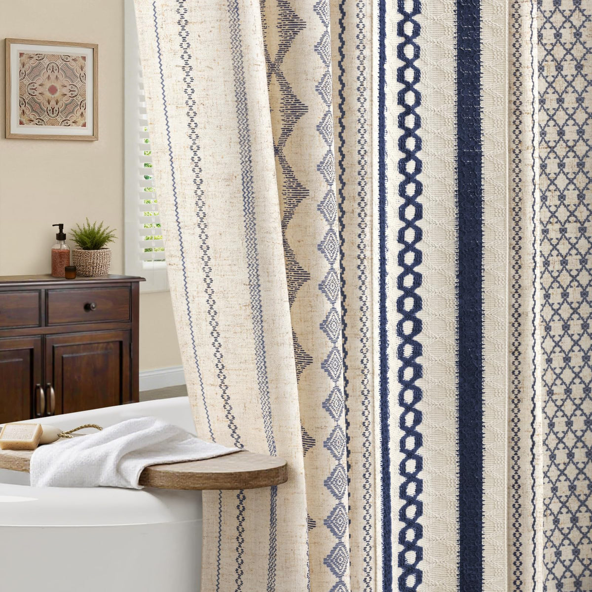 NDDYCU Nave Blue Boho Curtain shows linen texture for private, cozy bathroom ambience.