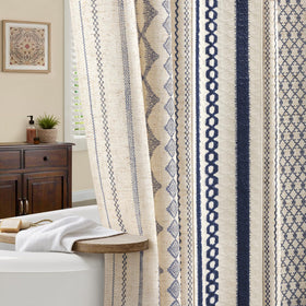 NDDYCU Nave Blue Boho Curtain shows linen texture for private, cozy bathroom ambience.