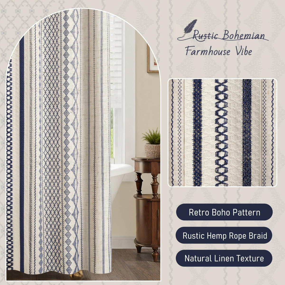 NDDYCU Nave Blue Boho Curtain packaging includes 12 white C-shape hooks.