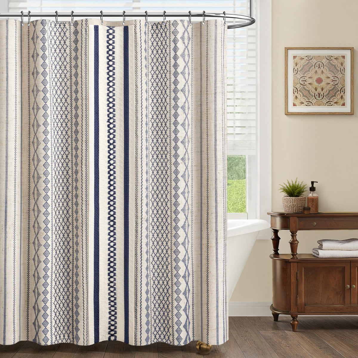 NDDYCU Nave Blue Boho Curtain with striped print enhances modern farmhouse decor.