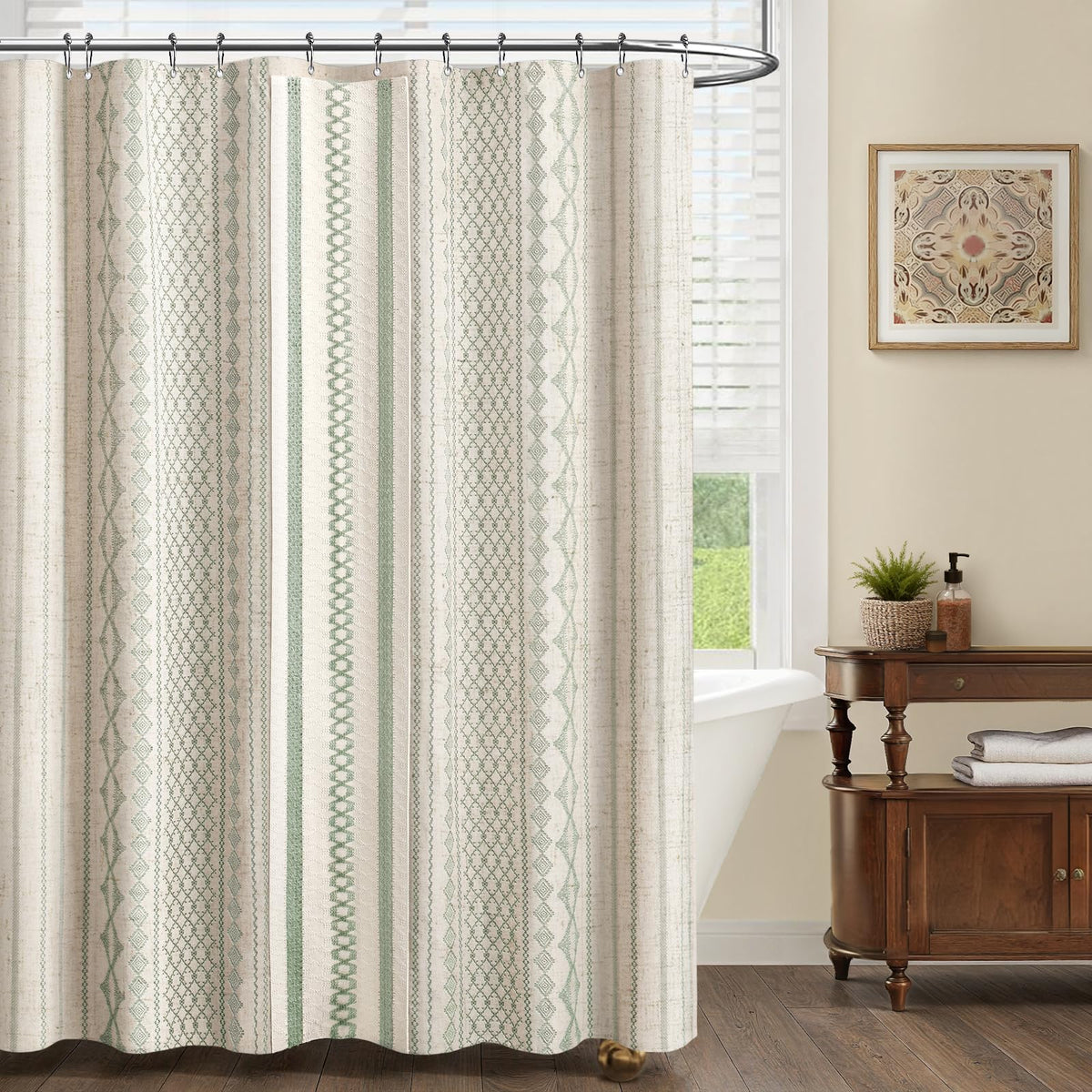 NDDYCU Sage Green Boho Shower Curtain linen-striped print adds vintage charm.