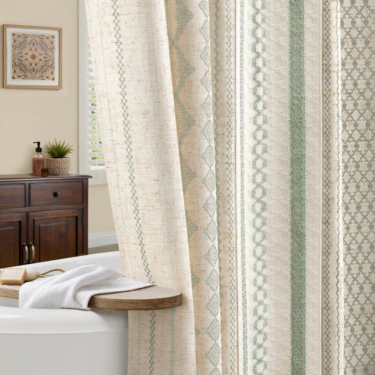 NDDYCU Sage Green Boho Shower Curtain with linen texture for privacy and cozy style.