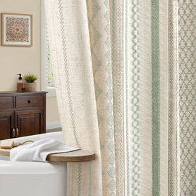 NDDYCU Sage Green Boho Shower Curtain with linen texture for privacy and cozy style.
