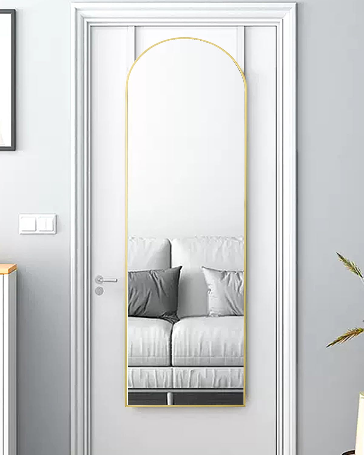 NEARBYSD 48x14 gold full-length mirror on a door, ideal for quick outfit checks.