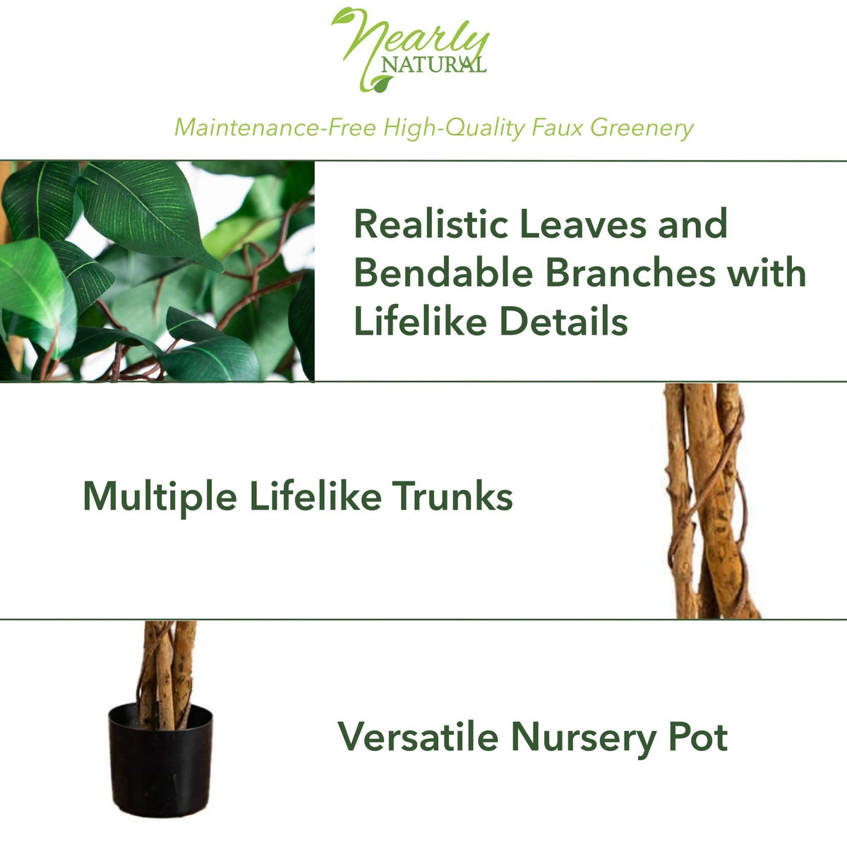 Nearly Natural 4ft triple trunk ficus natural wood trunks add architectural drama