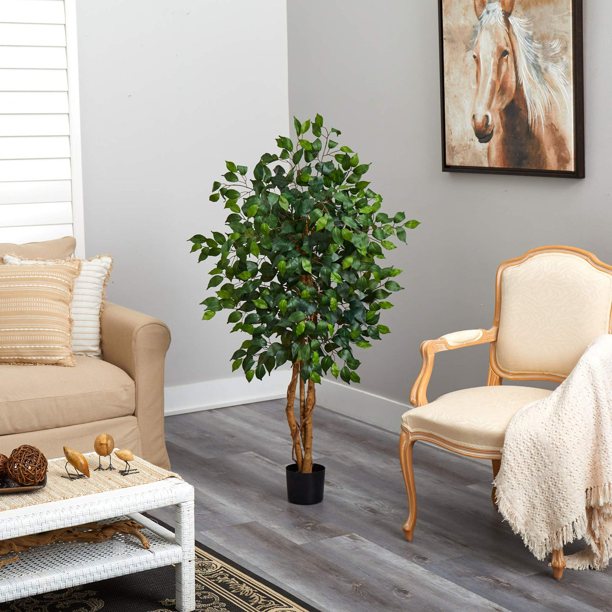 Nearly Natural 4ft triple trunk ficus room display in living room setup