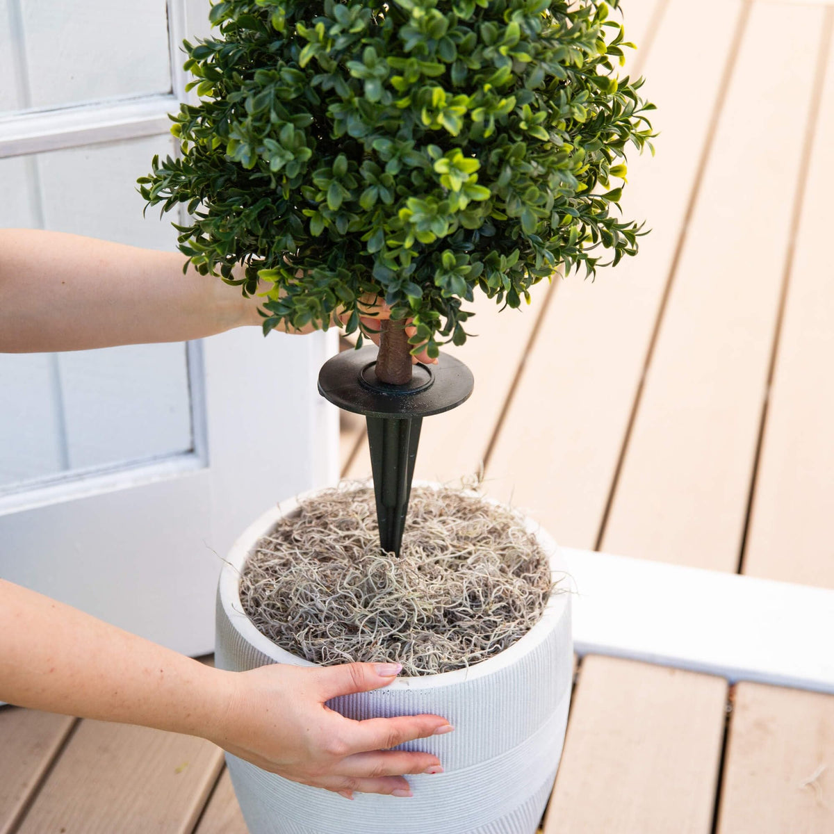 Nearly Natural boxwood topiary indoor foyer display with built-in UV-resistant protection.