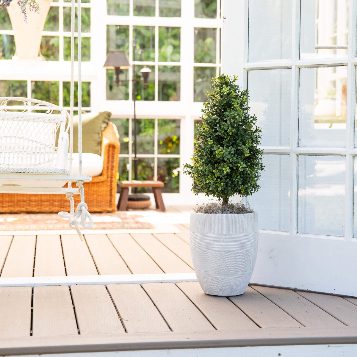 Nearly Natural boxwood topiary outdoor porch-ready, weather-resistant and maintenance-free.