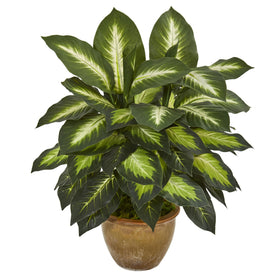 Nearly Natural Dieffenbachia artificial plant in ceramic pot enhances indoor decor with lifelike greenery.